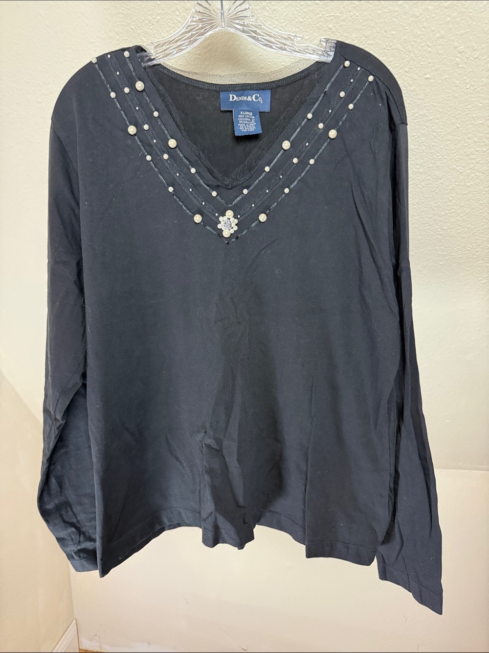 DENIM & CO Black Top with Pearl Embellishments XL